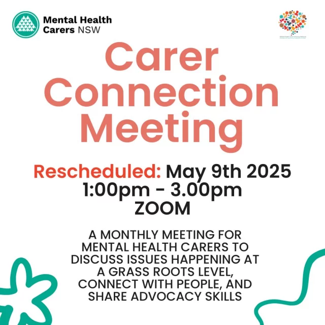 MHCN’s next Carer Connection meeting has been rescheduled to next Friday 9 May 📅  Each meeting offers a supportive and friendly space for mental health carers to connect, make new people, and explore advocacy interests. The meetings also play a key role in shaping MHCN's policy and advocacy work, ensuring that the voices of mental health carers, families, and friends help guide the organisation's priorities and areas of focus. 
If you're a carer, we’d love for you to join us for a chat 👋  🔗 Click the link in our bio to register!